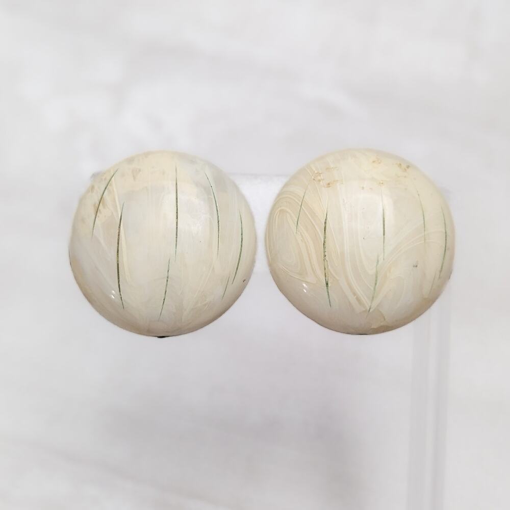 Vintage Clip On Earrings Patterned Cream with Green Line Design Large Unusual